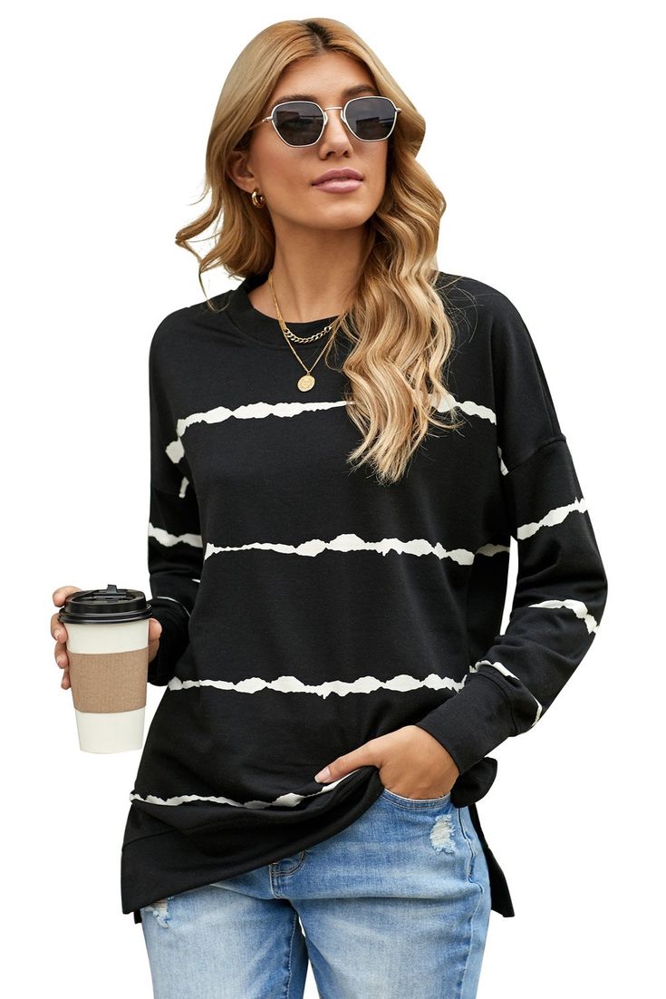 •A quality cotton blend made for cozy warm •Solid color with contrast scrawl stripes •This striped popular sweatshirt is perfect for the chilly months •Ribbed neckline, sleeve cuffs and hemline finished •Dropship sweatshirts with varies of stylish patterns Tag: NoneCategory: Outerwear > Sweatshirts & HoodiesItem Type: Long Sleeve TopsPackage Contents: 1 x topSize Type: regularNeckline: o-neckOccasion: winter, spring & autumnMaterial: 95%Polyester+5%SpandexBrand: NonePackage: each piec Striped Relaxed Fit Sweatshirt For Fall, Trendy Striped Sweatshirt For Fall, Cozy Striped Long Sleeve Top, Black Relaxed Fit Comfortable Sweater, Black Comfortable Relaxed Fit Sweater, Oversized Striped Cotton Sweater, Striped Relaxed Fit Sweater For Loungewear, Striped Long Sleeve Sweater For Everyday, Striped Sweatshirt For Loungewear In Fall