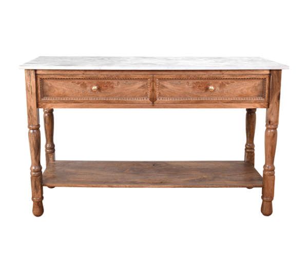 an old wooden table with two drawers and marble top on the bottom, against a white background