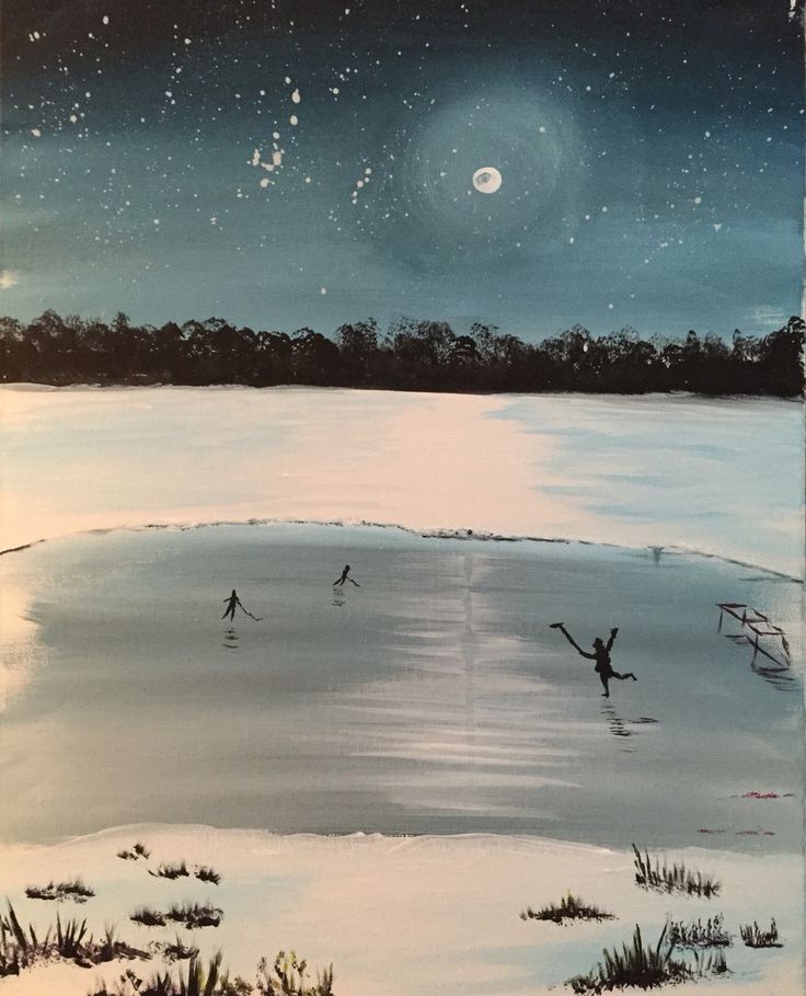 a painting of two people in the water at night with moon and stars above them