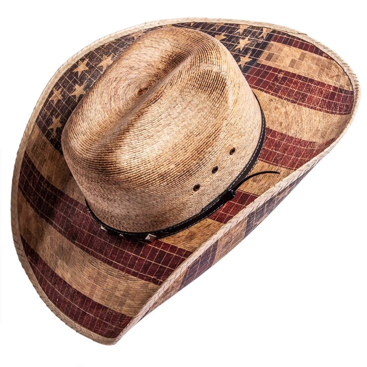 A true American classic, the Liberty embodies the liberties that come with being an American. Featuring a black and brown stitched leather hatband and American flag painted onto the brim, this hat will turn heads! Country Style Flat Bill Hats For Rodeo, Summer Hat Bands For Western-themed Events, Country Style Wide Brim Hat With Leather Sweatband, Country Style Flat Bill Hat For Country Events, Adjustable Country Style Top Hat For Outdoor, Americana Curved Brim Hat For 4th Of July, Western Style Straw Cap For Country Events, Americana Style Curved Brim Hat For 4th Of July, Country Style Straw Hat For Western-themed Events