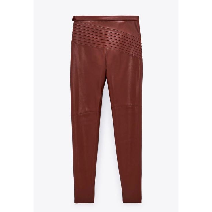 High Waist Leggings With Adjustable Tab At The Waist. Visible Diagonal Seams. Concealed In-Seam Zips On The Hem. Chic Red Leather Bottoms, Chic Burgundy Pants For Fall, Red Stretch Leather Pants For Fall, Red Leather Bottoms For Work, Zara Leather Bottoms In Brown, Brown Leather Zara Bottoms, Zara Brown Leather Bottoms, Red High-waisted Leather Pants For Fall, Zara Stretch Leather Bottoms