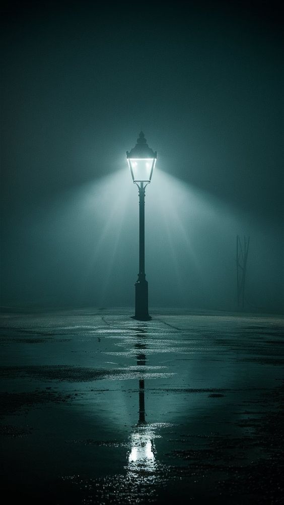 a lamp post in the middle of an empty parking lot at night with light shining on it