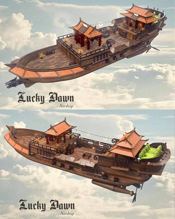 an image of two boats in the sky with words above them that read lucky dawn and lucky dawn