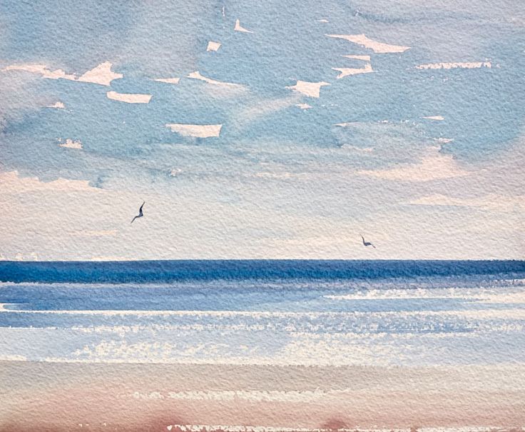 watercolor painting of birds flying over the ocean