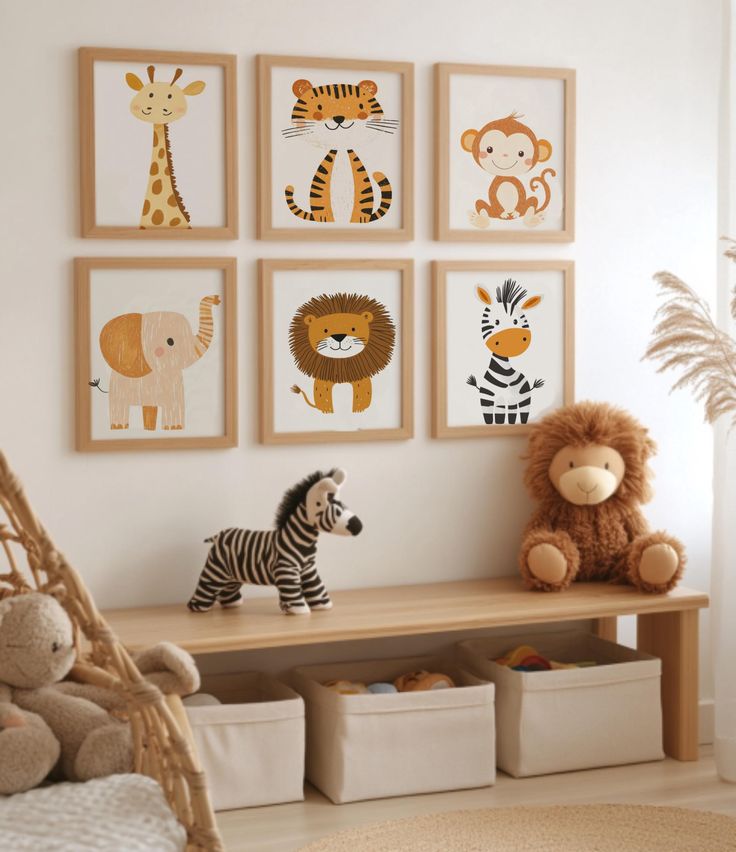 a child's room with various animal pictures on the wall and stuffed animals in baskets