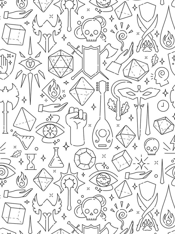 a black and white drawing of various symbols