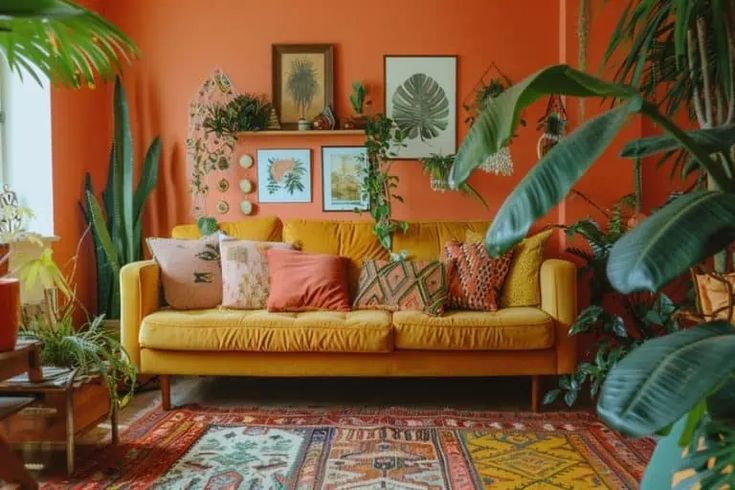 a living room with orange walls and lots of plants in the corner, including a yellow couch