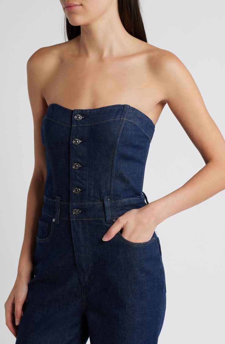 Of-the-moment denim makes a chic statement on this strapless jumpsuit that's begging for a night on the town. Front button closure Strapless Five-pocket style 98% cotton, 2% elsatane Machine wash, line dry Imported Night On The Town, Fall Wardrobe Essentials, Strapless Jumpsuit, Romantic Dress, Sports Blazer, Made Clothing, Denim Jumpsuit, Kids Sweater, Pant Shirt