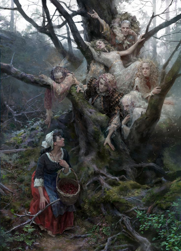 a painting of women in the woods with trees and branches, all dressed up as fairy characters