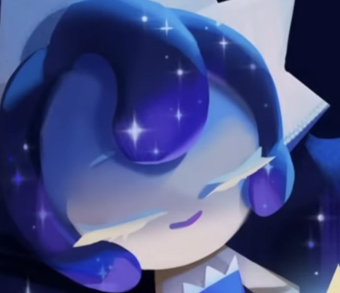 a cartoon character with blue hair and stars on her head, standing in front of a black background