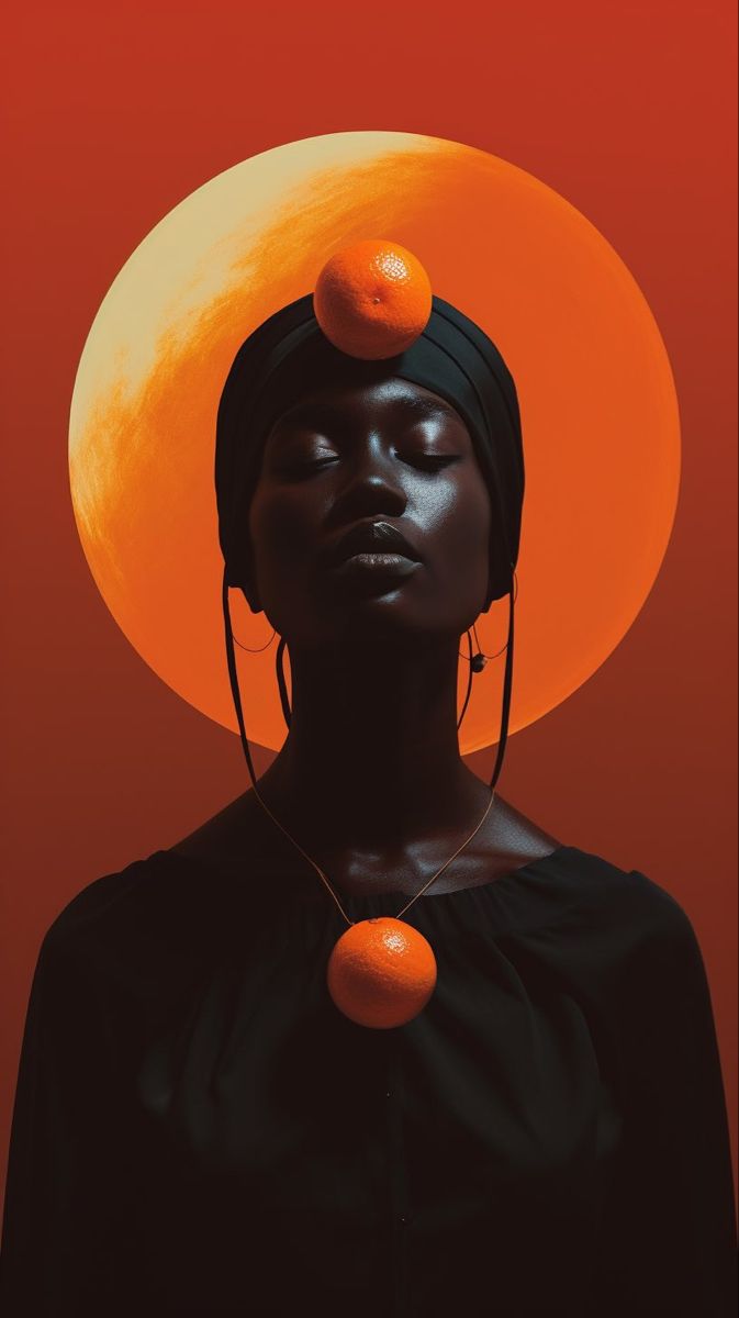 a woman with two oranges on her head in front of an orange circle background