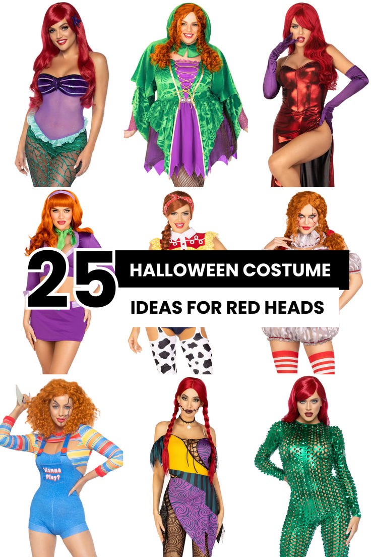 costume ideas, red hair, red head costume ideas, honey brown costume ideas red hair costume ideas, easy ideas, posion ivy, ariel, chucky, winfred, hocus pocus Redhead Costumes Women, Easy Redhead Costume, Diy Halloween Costumes Red Hair, Ginger Girl Halloween Costumes, Copper Hair Halloween Costume, Red Wig Halloween Costumes, Red Wig Costume Halloween, Characters With Red Hair Costumes, Ginger Halloween Costumes Red Hair