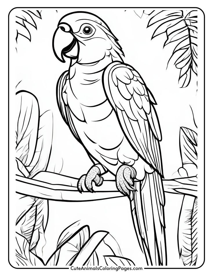 Line art illustration of a parrot perched on a branch surrounded by tropical foliage, suitable for coloring activities. Parrot Outline, Animal Coloring Pages Free Printable, Parrot Coloring Page, Cute Animals Coloring Pages, Birds Coloring Pages, Cute Animals Coloring, Beautiful Parrots, Parrot Drawing, Bird Coloring