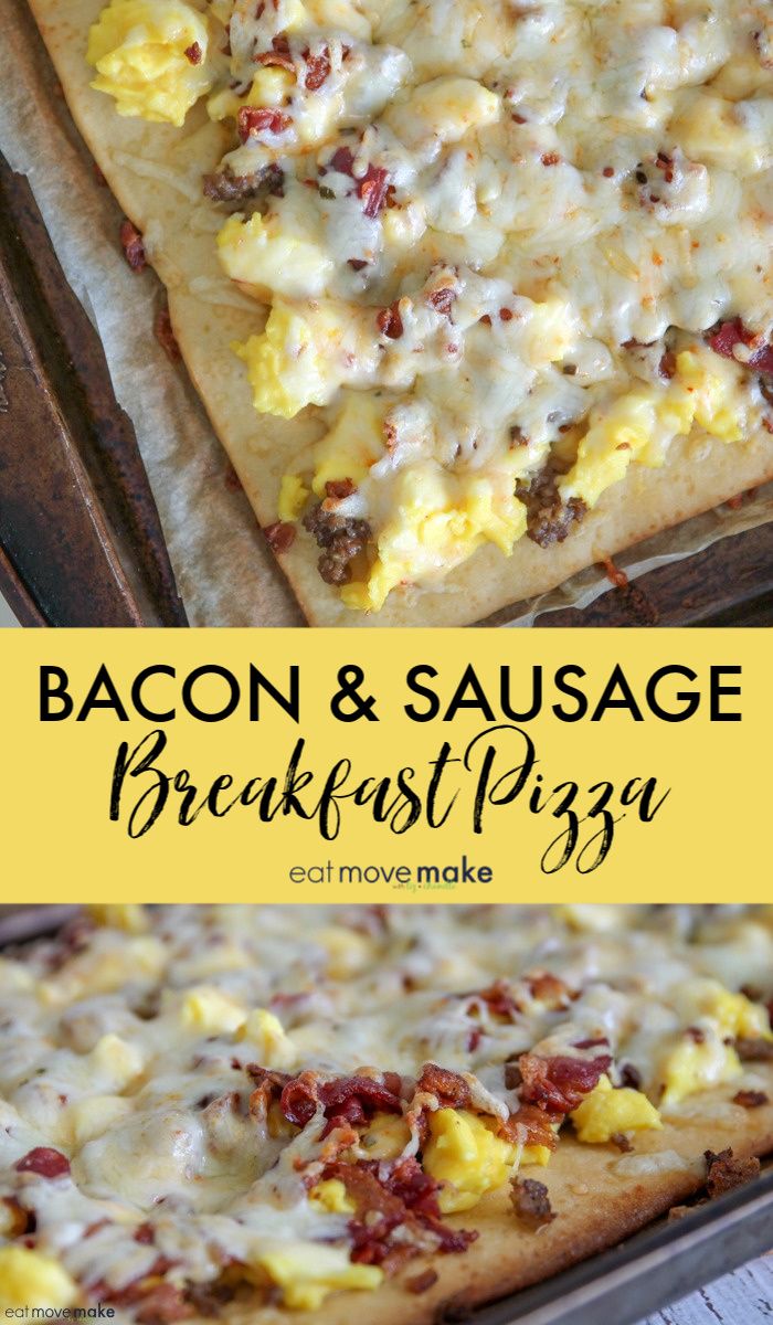 bacon and sausage breakfast pizza on a baking sheet with text overlay that reads bacon & sausage breakfast pizza