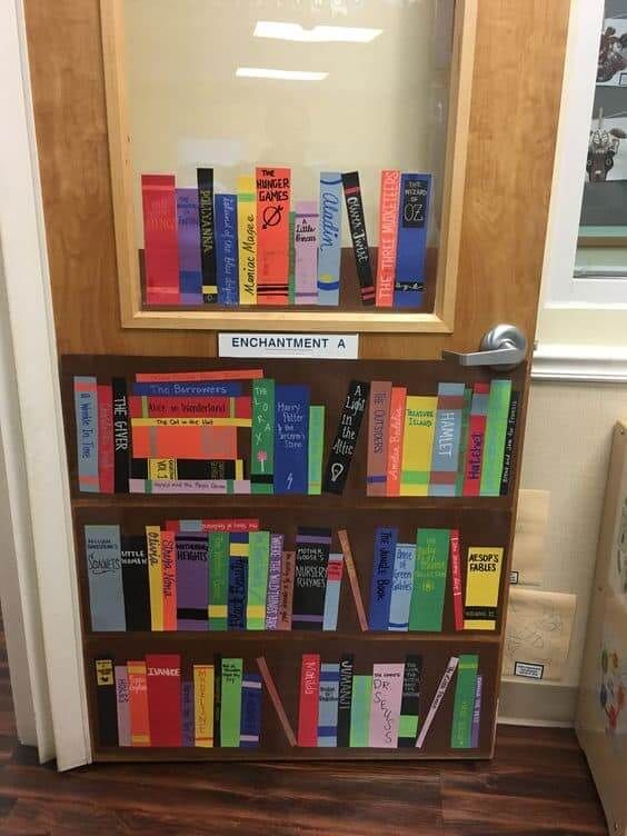 a bookshelf filled with lots of colorful books in front of a mirror on the wall