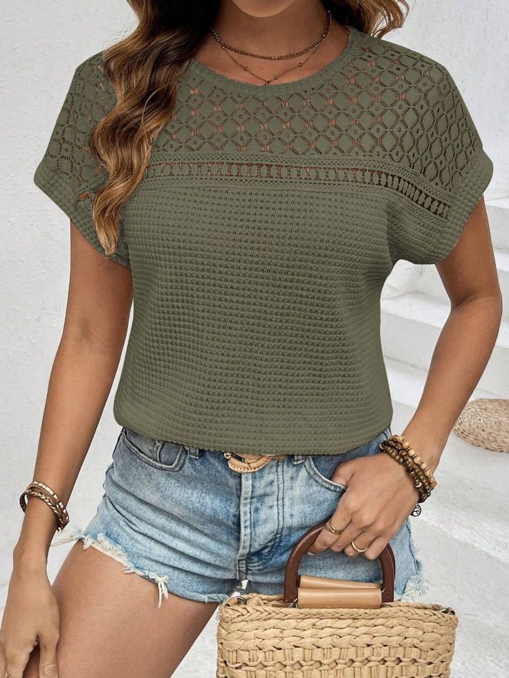 Features: Waffle-Knit, Lace Detail Sheer: Semi-sheer Stretch: No stretch Material composition: 95% polyester, 5% elastane Care instructions: Machine wash cold. Tumble dry low. Imported Size US Bust Top Length S 4 35.4 23.6 M 6/8 37.4 24 L 10/12 39.4 24.4 XL 14 42.1 24.8 2XL 16 44.9 25.2 Womens Dress Suits, Blouse Pants, Maxi Dress Cocktail, Maxi Dress Formal, Laid Back Style, Formal Evening Dresses, Casual Everyday, Waffle Knit, Short Sleeve Top