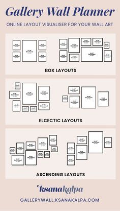 the gallery wall planner is shown with four different layouts and three separate sections for each section