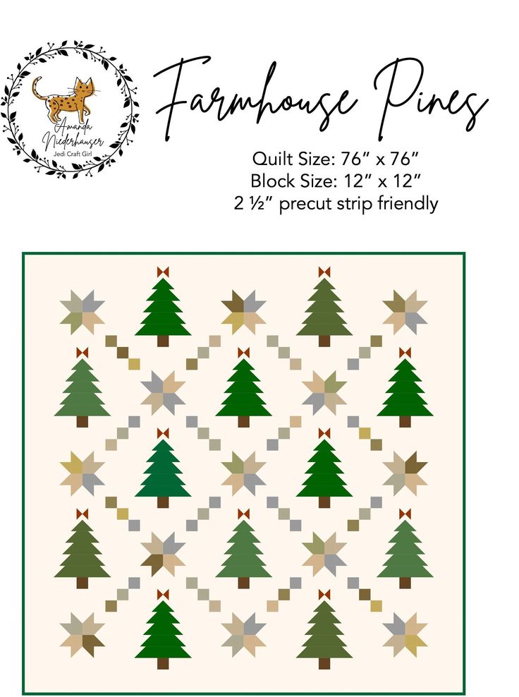 the farmhouse pine quilt pattern is shown in green, brown and beige colors with stars