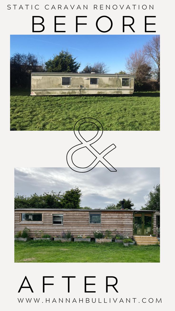 before and after photos of a house in the grass