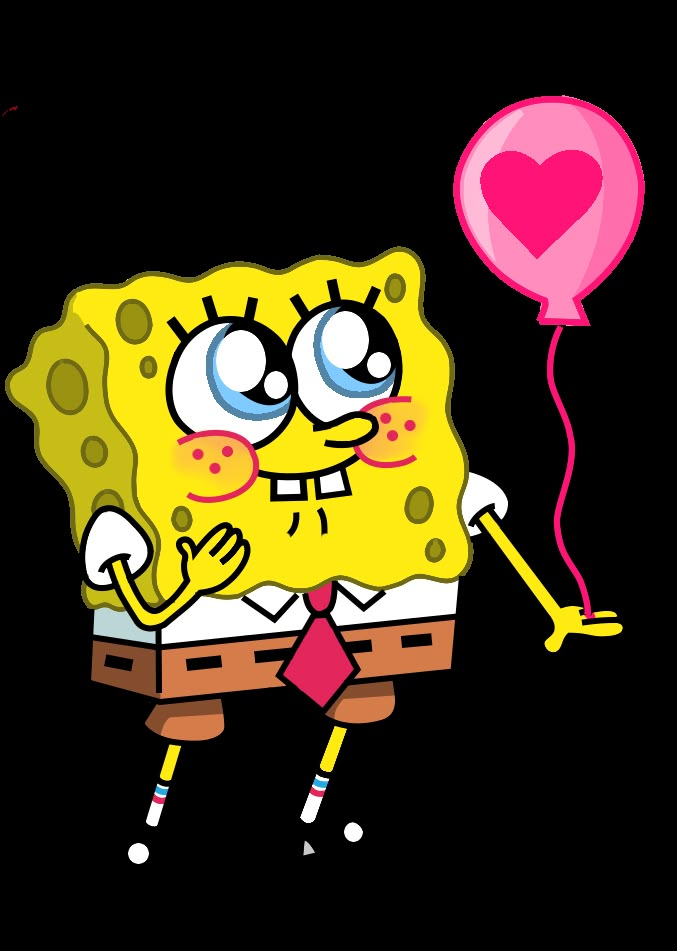 the spongebob is holding a heart shaped balloon