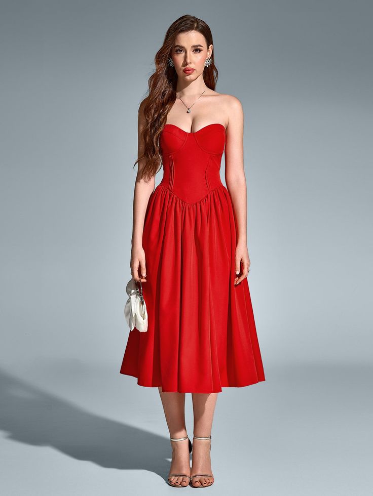 At a gathering of friends or a night out party, this dress will put you in the limelight. Perfect for romantic dates, show off your elegance and attractiveness. Pair it with a coat or accessory for an easy everyday out-of-town look. Pair it with high heels or stylish sandals to add to the overall sense of elegance and aura. Makeup Suggestions: Pair a natural look with a classic red lip or a fresh nude look to enhance the overall look. Aura Makeup, Makeup Suggestions, Kibbe Romantic, Midi Dress Style, Stylish Sandals, Red Midi Dress, Romantic Dates, Red Lip, Halterneck Dress