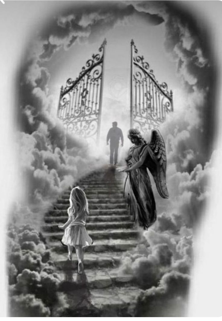 Heaven Stairs Tattoo Design, Stairs To Heaven Drawing, Staircase To Heaven Tattoo, Stairway To Heaven Drawing, Heavens Gates Tattoo Design, Stairs To Heaven Tattoo, Gates Of Heaven Tattoo, Stairway To Heaven Tattoo, Disney Parents