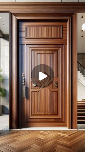 an image of a wooden door in the middle of a room with stairs and potted plants