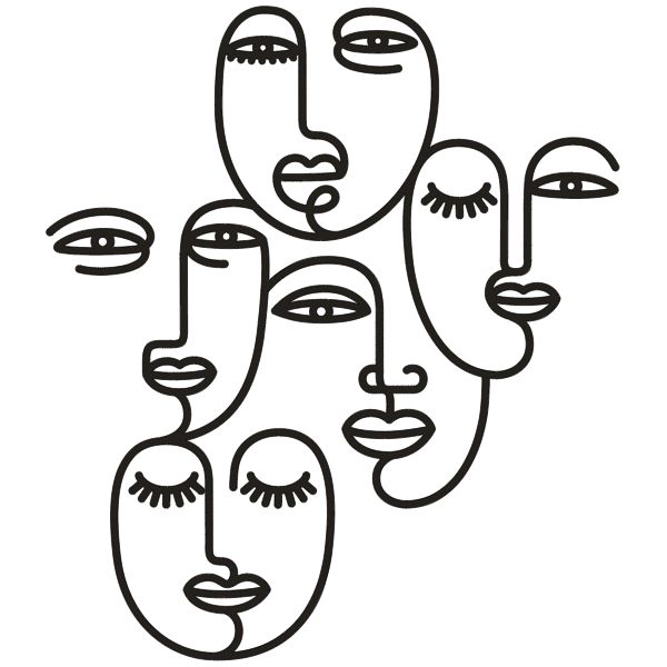 a line drawing of five faces with different shapes and sizes, all in black on a white background