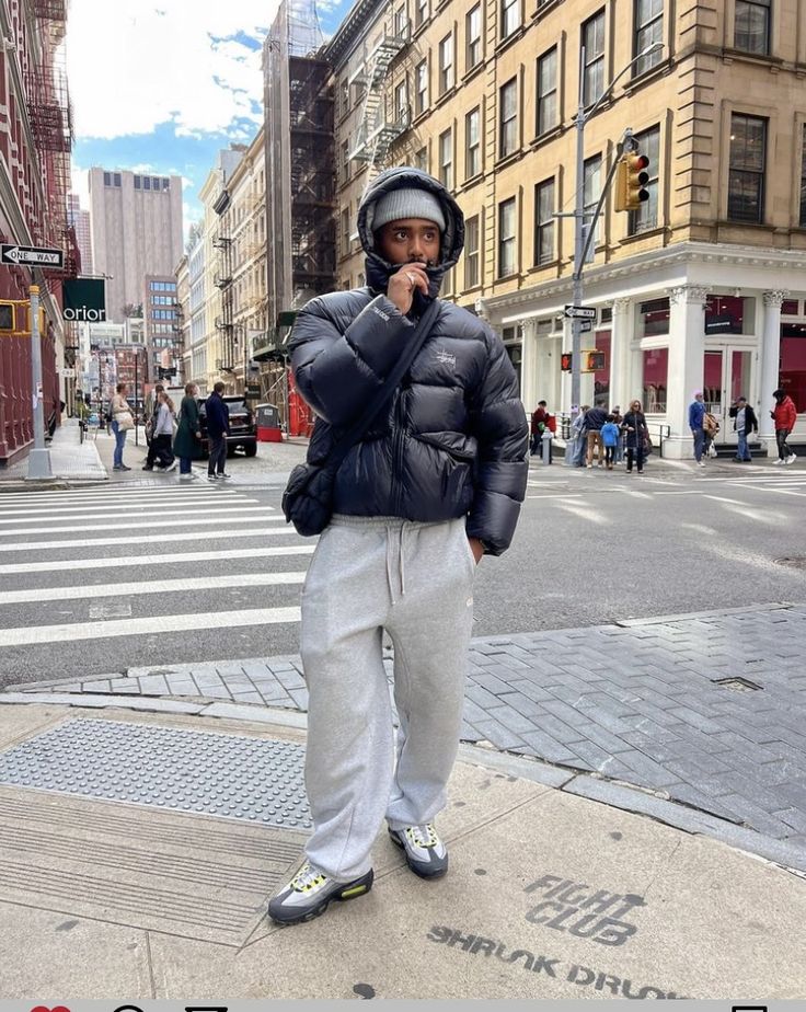 Lv Beanie Outfit, Stussy Puffer Jacket, Airmax 95s Outfit, Uk Streetwear Aesthetic, 95s Outfit, Nike Air Max 95 Outfit Men, Gray Puffer Jacket Outfit, Air Max 95 Outfit Men, Airmax 95 Outfit