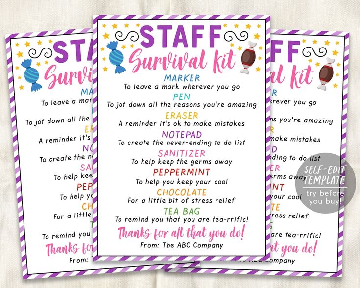 two reward cards with the words, staff survival kit and instructions to make it easier