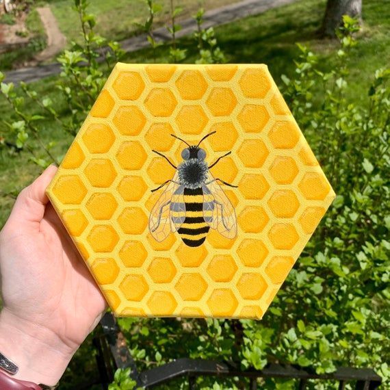 a hand holding up a yellow and black honeycomb with a bee on it's side