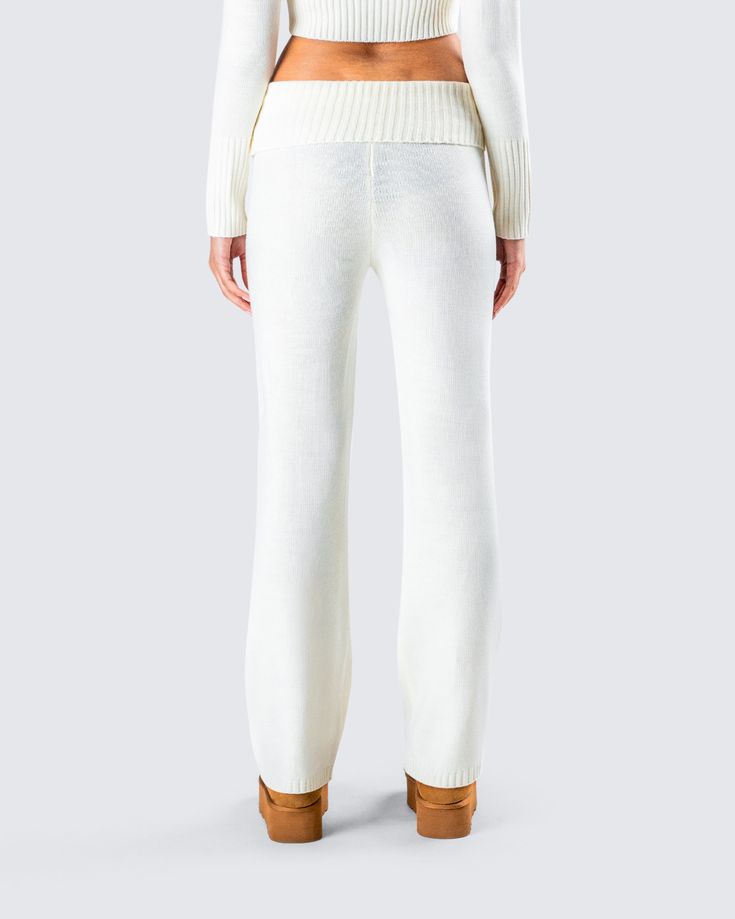 Make any day cuter and cozier with these white knit pants 🤍 Complete with a ribbed fold over top edge and wide leg fit, this piece is the perfect look for grocery store runs, self care days, and everything in between Fitted White Wide Leg Pants For Fall, White Full-length Winter Pants, White Full-length Pants For Winter, White Full Length Pants For Winter, White Wide Leg Pants For Winter, White Wide-leg Pants For Fall, White Wide-leg Fall Pants, White Ribbed Fitted Pants, Fitted White Ribbed Pants