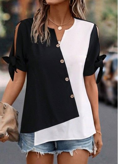 Color:Black;Size:S;Size:M;Size:L;Size:XL;Size:XXL;Package Contents:1 X Blouse;Occasion:Other;Style:Bohemian; Patchwork Short Sleeve Blouse For Work, Black V-neck Blouse With Patchwork, Chic Black Patchwork Blouse, Black Blouse For Office Wear In Summer, Black Patchwork Tops For Work, Elegant V-neck Blouse With Patchwork, Elegant V-neck Patchwork Blouse, Elegant Patchwork Tops For Workwear, Spring Office Black Blouse