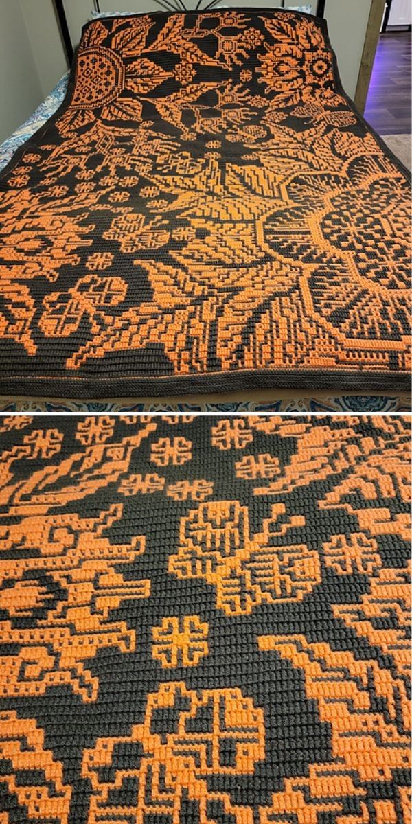 two pictures of an orange and black bedspread