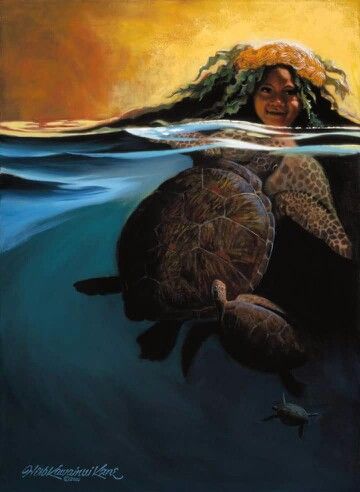 a painting of a woman swimming in the ocean with a turtle under her arm and head above water