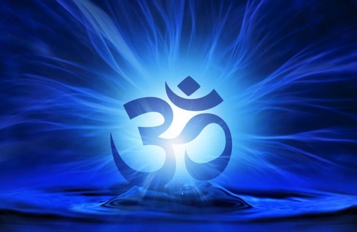 a blue background with an om shan symbol in the center and water droplets around it