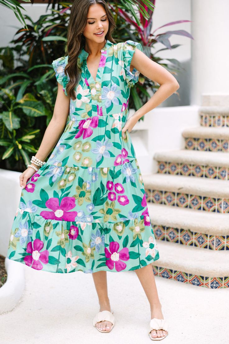 Created Beauty Sage Green Floral Midi Dress – Shop The Mint Spring Floral V-neck Dress With Vibrant Print, Casual Floral Dress With Vibrant Print For Brunch, Vibrant Print Midi Dress For Spring Vacation, Spring Floral Dress With Vibrant Print For Vacation, Summer Midi Dress With Vibrant Print For Garden Party, Spring Vacation Floral Dress With Vibrant Print, Casual Midi Dress With Vibrant Print For Garden Party, Multicolor Knee-length Floral Dress For Spring, Summer Green Midi Dress With Vibrant Print