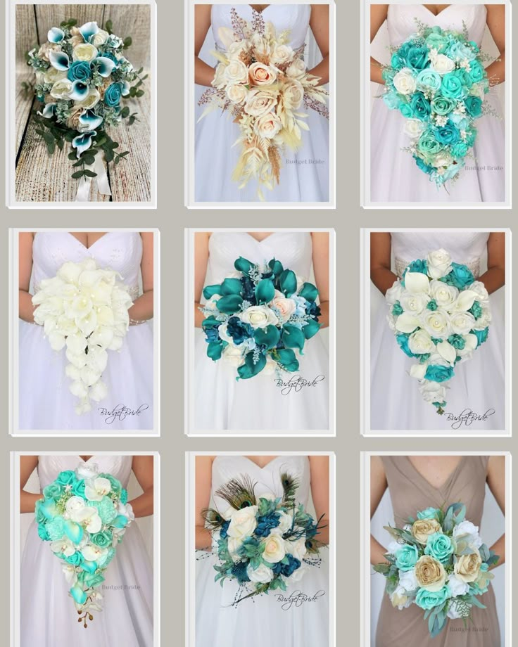 wedding bouquets made from paper flowers are arranged in different colors and sizes, including blue