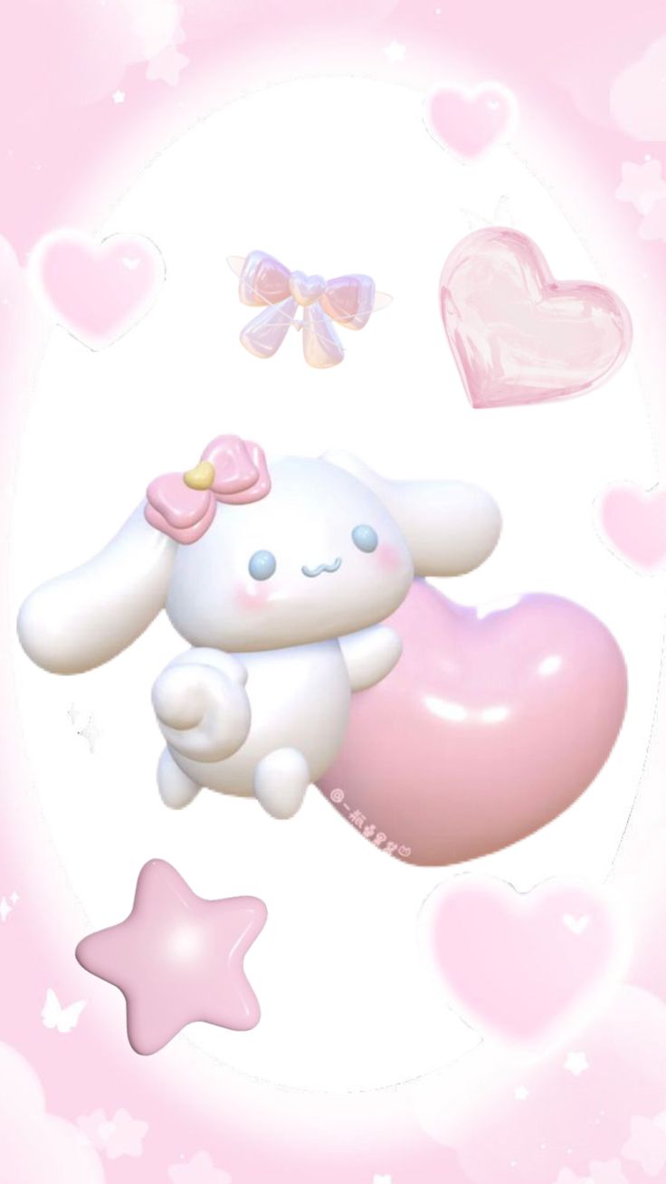 a pink heart shaped balloon with a white bunny on it's back and two hearts in the background