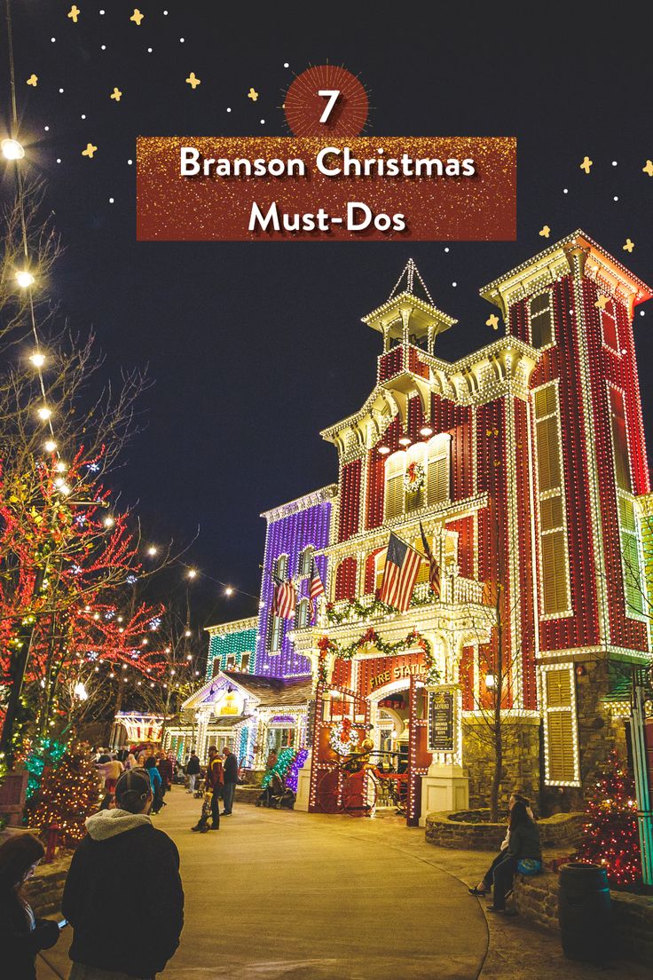 christmas lights and decorations adorn the front of a building in branon, michigan