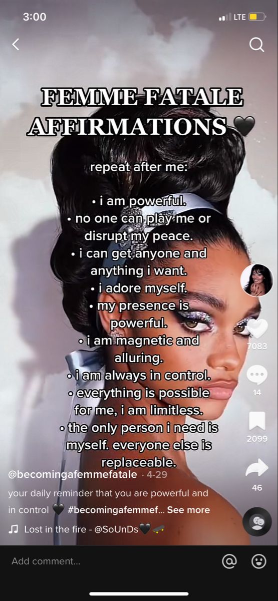 an image of a woman's face with the words feminine fatal affirmations on it