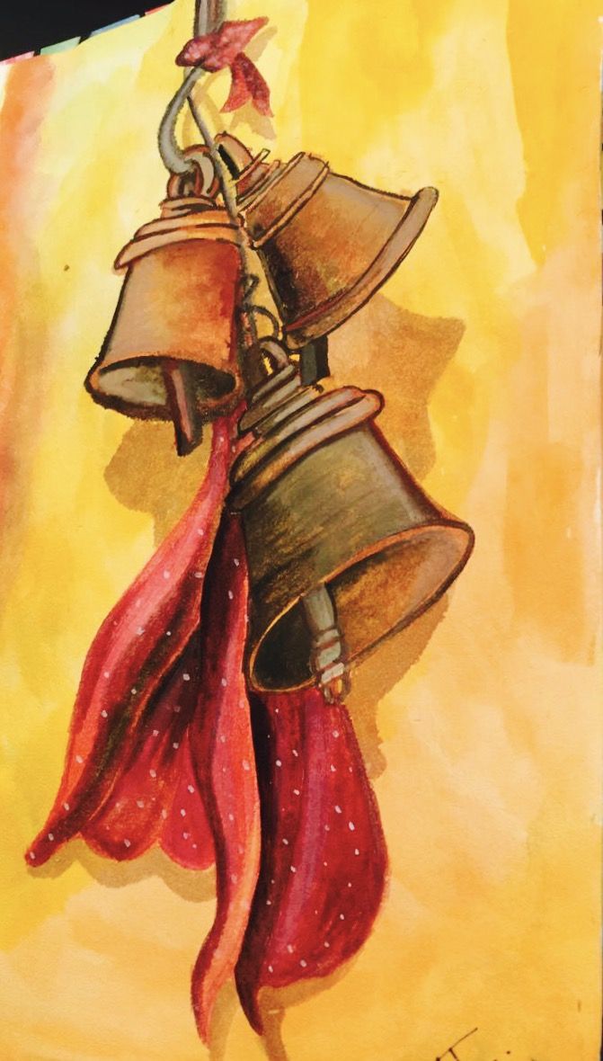 a painting of two bells hanging from a hook with a red scarf around it's neck