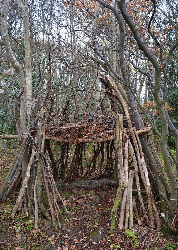 an outdoor shelter made out of sticks and branches in the middle of a wooded area