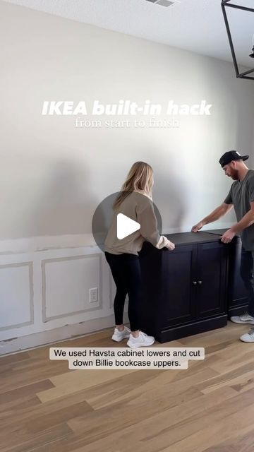 a man and woman standing next to each other in front of a black cabinet with the words ikea built - in hack on it