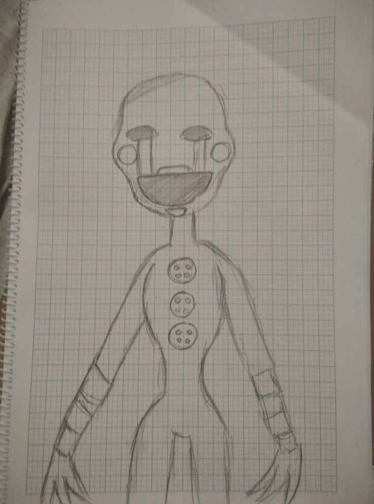 a drawing of a man with buttons on his chest and hands in the air, standing next to a piece of graph paper