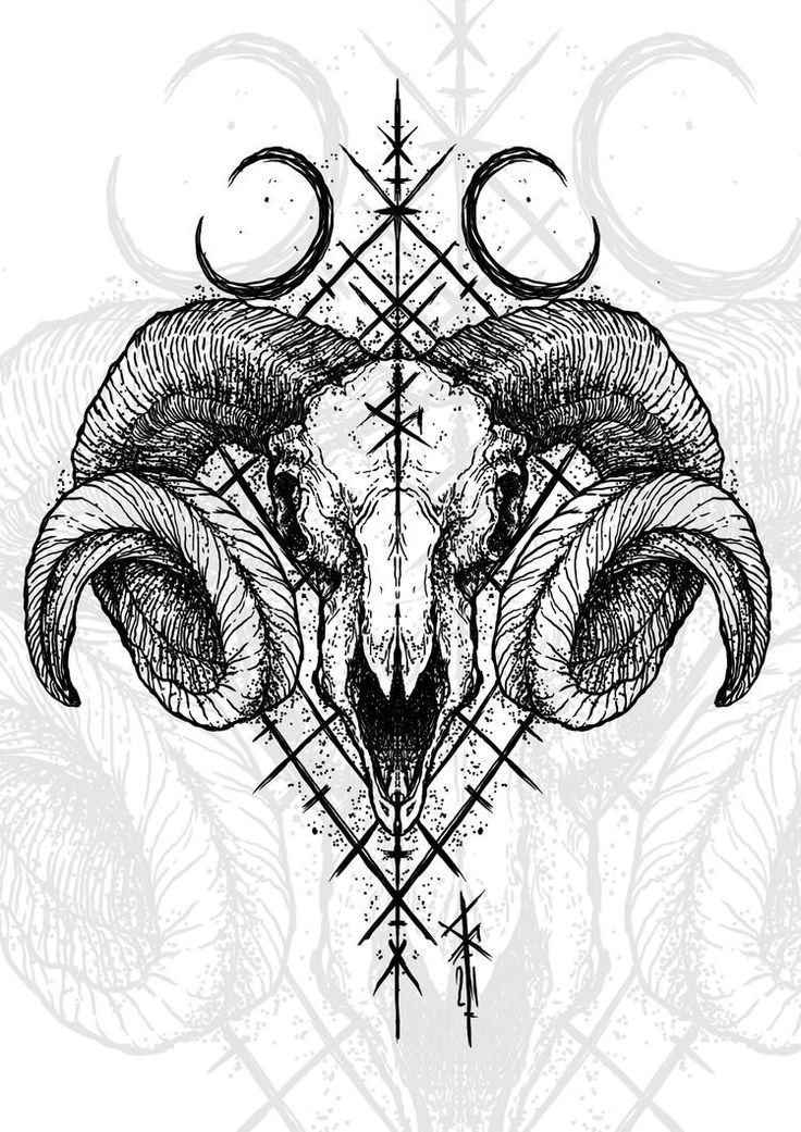 a goat skull with two horns on it's head and an inverted star in the background