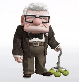 an old man with glasses and a cane standing next to some tennis balls on the ground