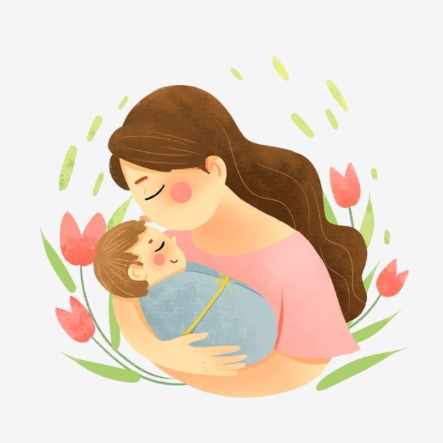 a woman holding a baby in her arms with tulips and flowers around her