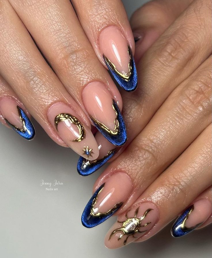 Brand Nails, Blue Gold Nails, Natural Acrylic, Magic Nails, Boat Cruise, Hippie Nails, Amazing Nails, Blue Acrylic Nails, Minimal Nails