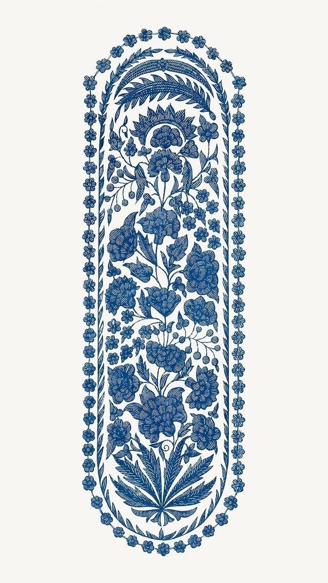 an ornate blue and white border with flowers